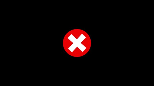 A red circle expands and draws a white cross mark icon animating on a transparent background with alpha channel, ideal for error and rejection overlays.