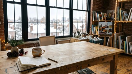 Fototapeta premium Bright home office with large windows overlooking a snowy winter landscape