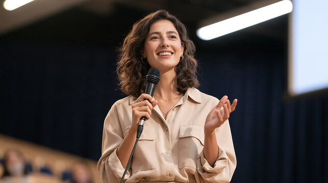 confident businesswoman in a white blazer speaking into a microphone at a podium holding papers during a conference presentation showing leadership and public speaking