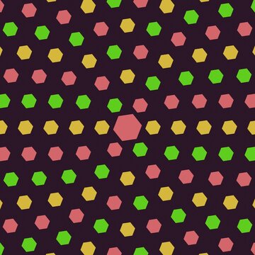A seamless pattern of small hexagons in pink, yellow, and green colors on a dark brown background de