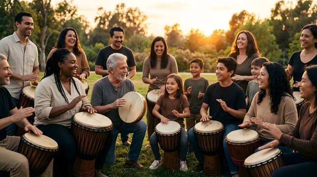 Diverse group of people playing drums together in a park during sunset