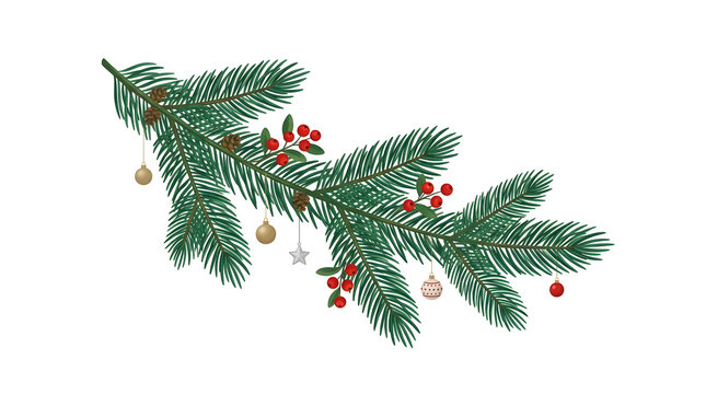 Christmas pine tree branch decorated with red berries pinecones and hanging bauble ornaments vector illustration isolated on white background