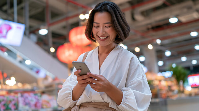 middle aged woman using a mobile app to scan products in a well lit market illustrating loyalty programs online delivery and smart consumer habits