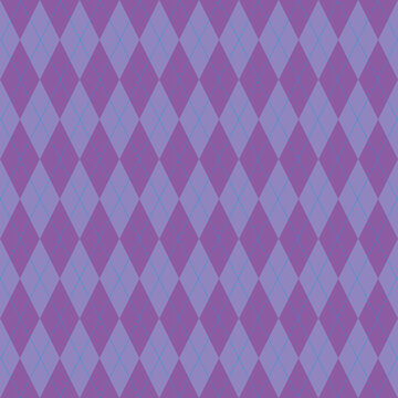 Soft purple argyle seamless pattern. Retro harlequin rhombus background. Christmas wrapping texture backdrop. Holiday traditional diamond shape pattern. Tablecloth fabric. Vector illustration
