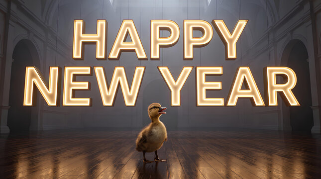 Happy New Year celebration featuring a cute fluffy duckling standing on a dark wooden floor with glowing golden letters