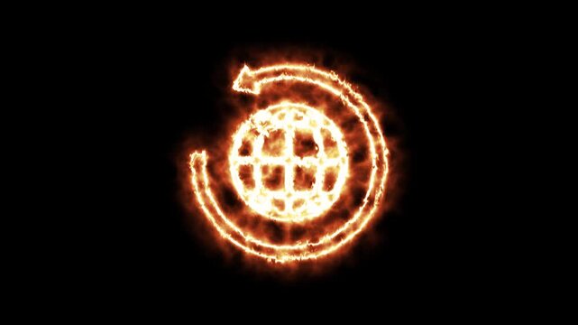Burning neon globe with circular arrow icon, glowing fire effect on dark background for climate and global concepts