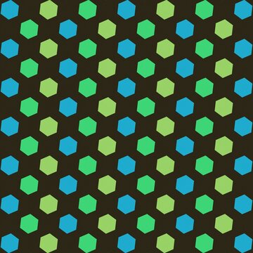 A repeating pattern of small hexagons in light blue and lime green colors on a dark brown background