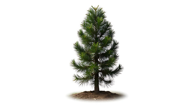 A young evergreen pine tree stands tall in the soil against a white background.