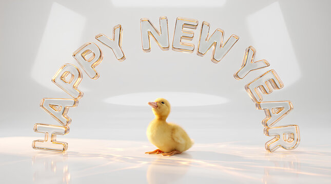 Happy New Year holiday greeting design with glossy glass typography and a cute fluffy yellow duckling