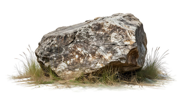 A large, weathered grey boulder with rough textures rests on a patch of green grass.
