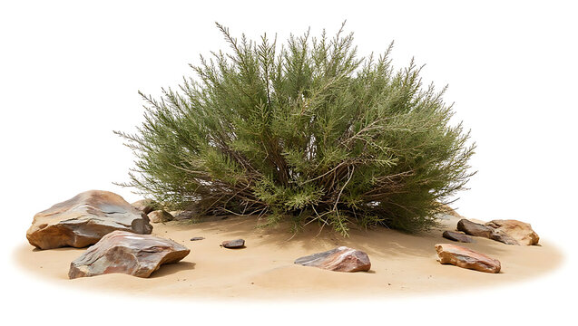 A green, bushy plant sits in sand surrounded by several rocks in a desert landscape.