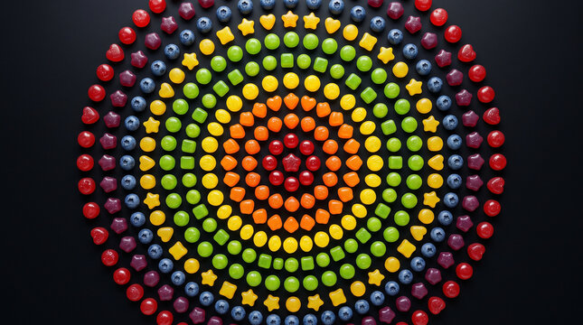 Colorful fruit snacks arranged in a precise circular pattern on a solid black background surface with organized concentric circles various colorful gummy snacks
