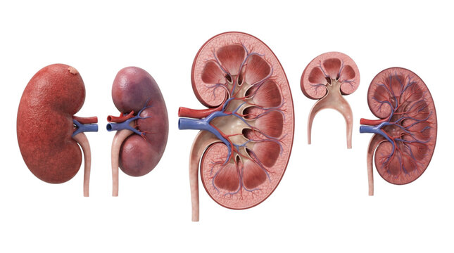 Set of human kidney anatomy illustrations showing internal structure and organ cross sections