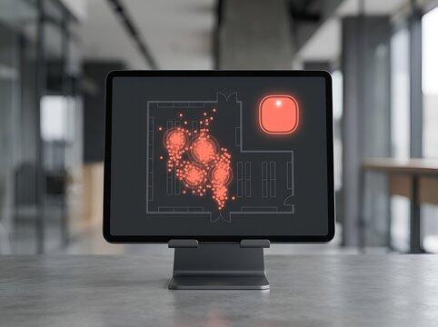 Digital tablet resting on a metal stand displays an architectural floor plan map with red heatmap tracking data across empty corporate office.