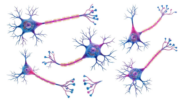 Set of colorful human brain nerve cells and biological neurons for scientific medical research