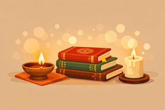 Religious books with lit oil lamp and candle for diwali festival greeting background and cultural celebration design