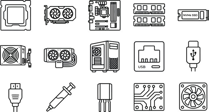 Alternative pc building parts and computer upgrade line icon pack including microchip storage drive ethernet lan paste transistor and cooling system vector elements