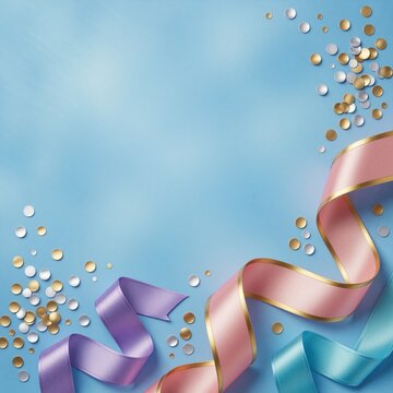 Flowing satin ribbons in pink, purple, and teal against a soft blue background, accented with gold glitter and metallic confetti.