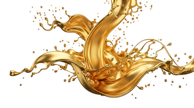 Gold liquid splash with dynamic swirling waves and flying droplets isolated on a white background.