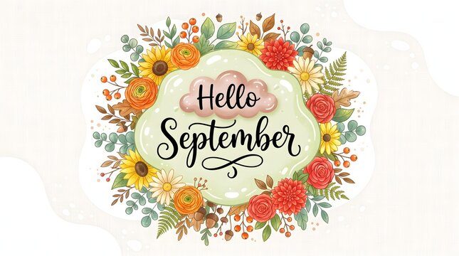 Watercolor floral wreath with hello september lettering for autumn greetings and invitations