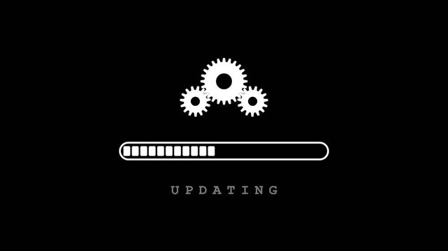White Software Update Progress Bar Loading with Rotating Cogs and Flickering Updating Text on Plain Black Background for Technology and System Maintenance Interface