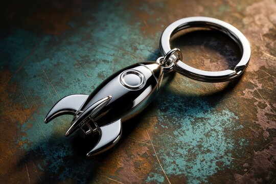 Silver rocket shaped keychain on textured metal background. Shiny metallic spacecraft charm attached to metal ring. Space exploration themed accessory for car keys bag. Small astronaut gadget for