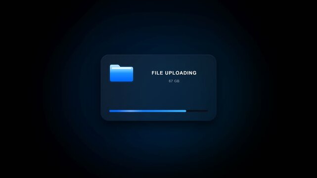 Blue Digital Folder Icon on Dark Interface Showing Progress Bar Filling for 67 GB Data File Uploading Until Completion Notification with Text UPLOAD SUCCESS on Black Background