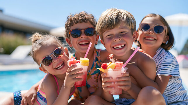 happy children sharing a big cocktail glass with fruit and umbrellas at a resort pool representing family holiday fun and cool beverages in hot weather