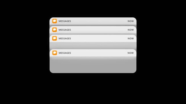 Sequential Mobile Message Notifications Pop Up and Stack on Screen with Orange Chat Icon and Messages Text Displayed on Solid Black Background Before Scrolling Up and Vanishing
