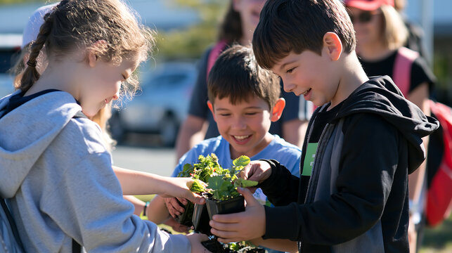 group of children holding a small green plant seedling together outdoors on a sunny day showing environmental education sustainability and love for nature