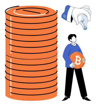 Man holding a bitcoin coin next to a stack of coins and a lightbulb vector illustration. Finance, digital currency, investment, innovation, wealth, technology. Person with crypto assets