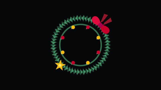 Flat vector animation of a stylized green Christmas wreath with a red bow and yellow star
