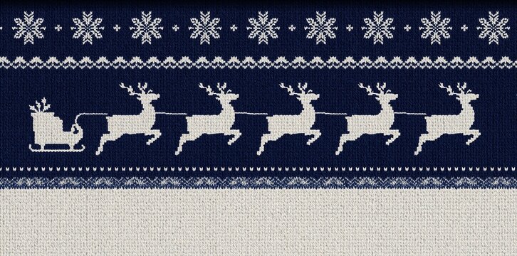Christmas knitted background with santas sleigh and reindeer on dark blue