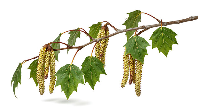 A thin branch displays drooping catkins and green leaves against a white surface.