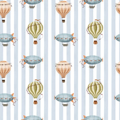 Seamless pattern of watercolor cartoon balloons and airships on a striped background. Decor and wallpaper for a children's room. Hand-painted. © Lana
