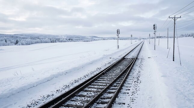 Winter railroad tracks stretch into the distance under a cloudy overcast sky
