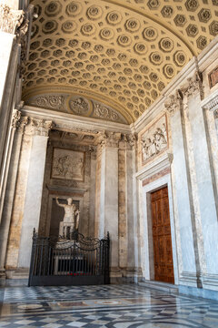 Rome, Italy - April 10, 2026 - Wide-Angle Exterior Photograph Highlighting the Monumental Portico and the Ancient Statue of Emperor Constantine the Great Inside the Archbasilica of San Giovanni in Lat