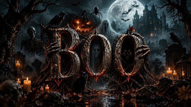 Halloween dark fantasy number 3000 with glowing candles and ghostly figure