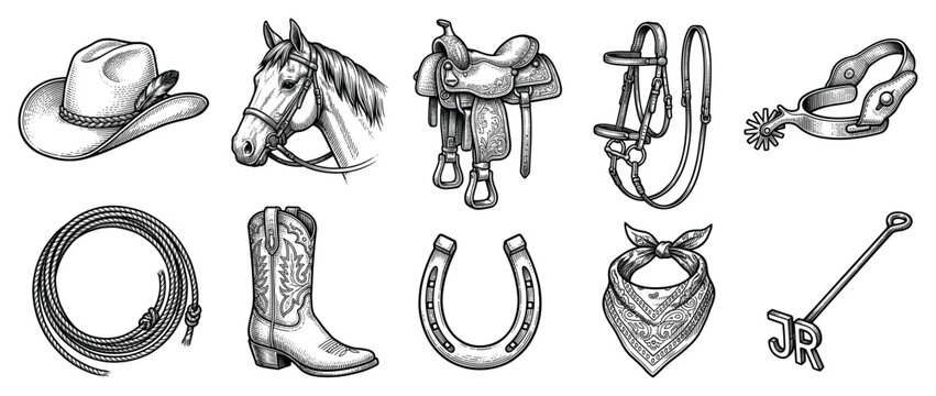 Cowboy and Western icons set. Wild West and ranch life concept. Includes cowboy hat, horse head, saddle, bridle, spur, lasso, boot, horseshoe, bandana, branding iron. Engraving style