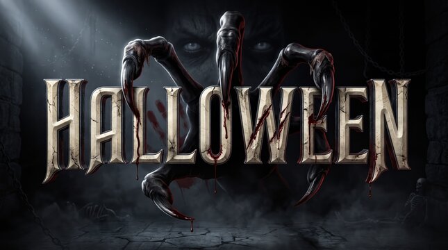 Halloween creepy typography with ghostly silhouettes and dark background