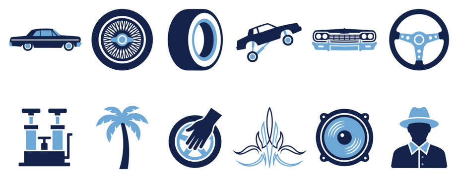 Lowrider car culture icons set. Classic car lifestyle and customization concept. Includes classic car, wire wheel, tire, hydraulic car, car front, steering wheel, hydraulics, palm tree, hand