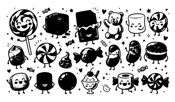 Create a cute freehand cartoon vector doodle set featuring 12 individual candy characters with cheerful faces. Include wrapped candies, round sweets, lollipops, hard candies, striped candies, jelly ca
