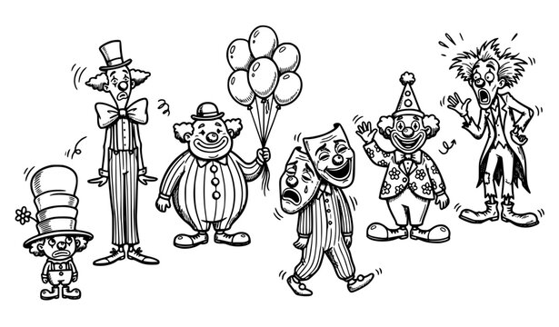Six quirky circus clowns hand drawn doodle set with funny expressions black and white vector