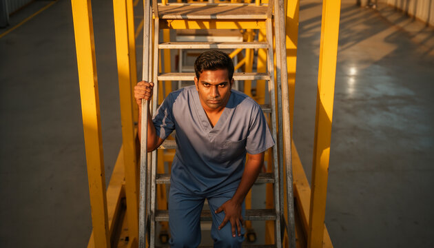 Determined worker in medical scrubs climbing yellow industrial staircase and looking at camera inside warehouse, dramatic low angle professional concept with copy space for text