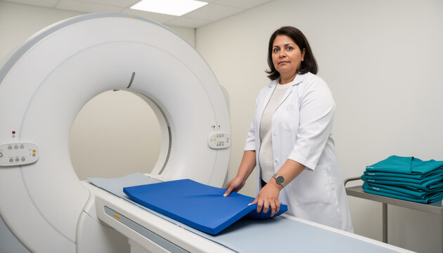 Confident radiology technician in white lab coat adjusting blue mattress pad on CT scanner table looking at camera, professional medical imaging career with copy space for text