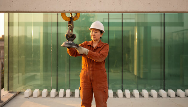 Focused construction worker in hard hat guiding vacuum lifter attached to crane hook above large glass panels, professional glazing installation trade with copy space for text
