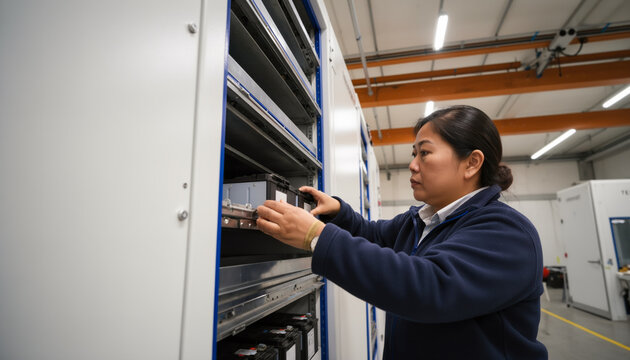 Focused technician installing battery module into industrial storage cabinet inside modern facility, professional electrical maintenance trade with copy space for text