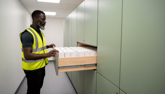 Focused worker in hi vis vest checking boxed inventory in pulled out storage drawer inside clean utility room, professional logistics and storage work with copy space for text