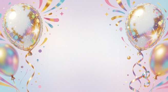 Symmetrical illustration featuring two shiny, iridescent foil balloons with gold and pastel accents against a soft gradient background.