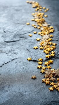 Yellow star-shaped decorations are spread across a dark surface, adding a cheerful touch to any festive setting or event